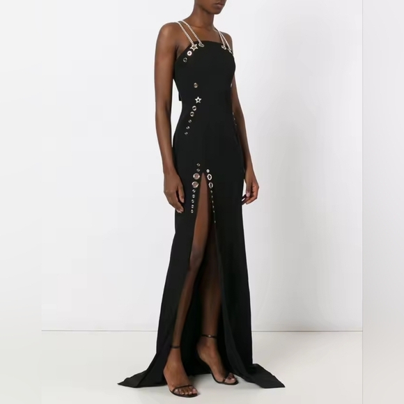 NWOT Grommet Chain Strap Sexy Bodycon Slit Cocktail Formal Party Evening Dress - Picture 3 of 8